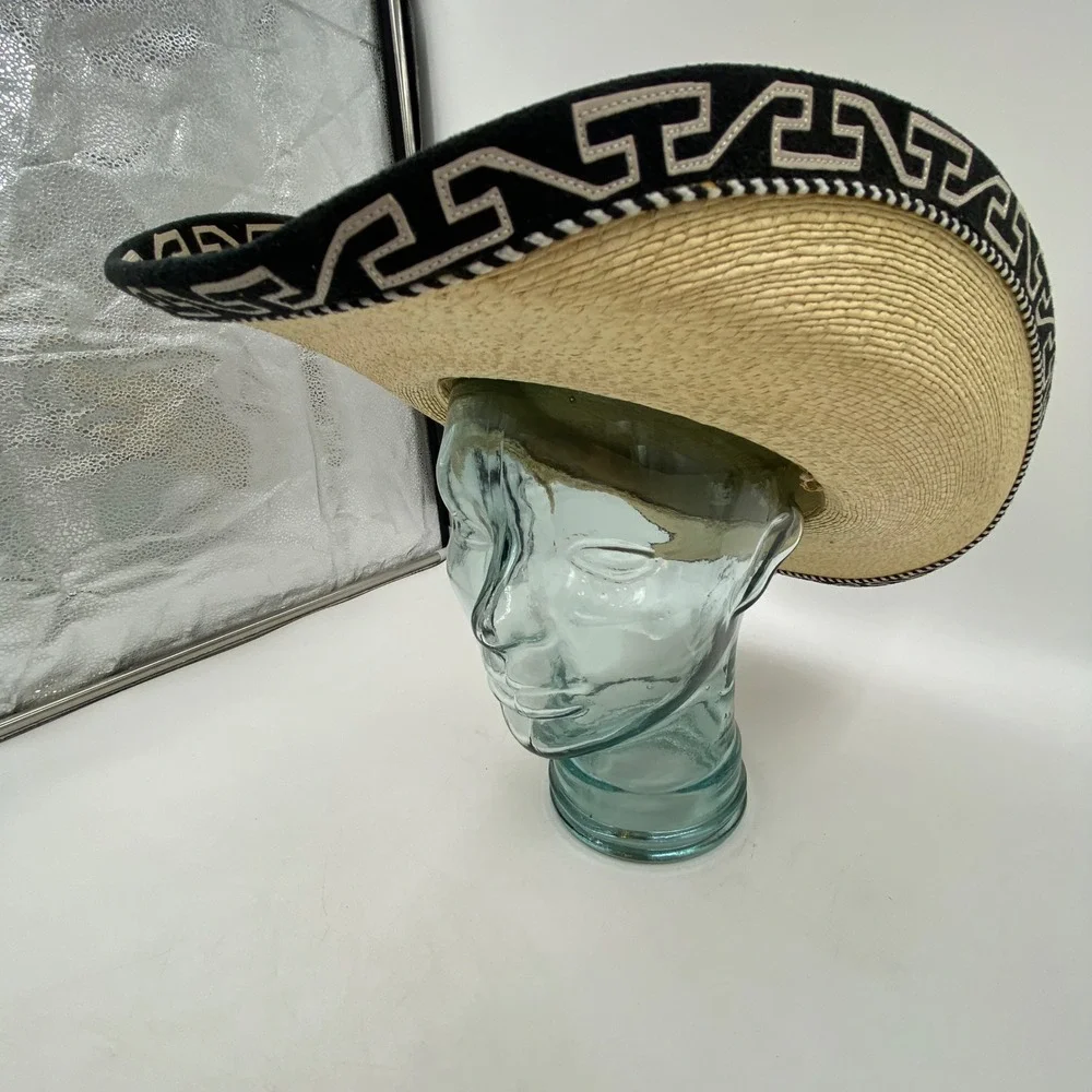 Large Straw Cowboy Hat Beige Black Greek Key Trim Western Rodeo Festival Charro